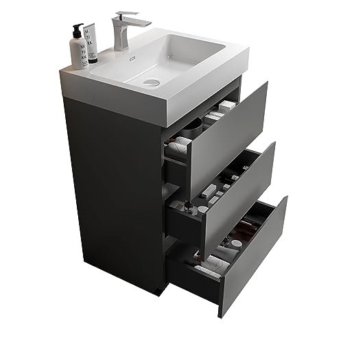 Dolonm 30 inch Bathroom Vanity with Sink, Freestanding Bathroom Cabinet with 3 Soft-Closing Drawers, Bathroom Vanity Cabinet with Large Storage, Ideal for Small Bathroom, Faucet Not Included, Walnut