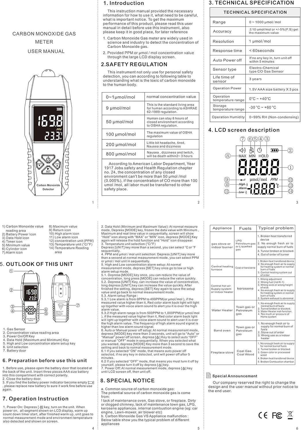 Handheld Carbon Monoxide Meter,LCD Color Display Carbon Monoxide Detector,Carbon Monoxide Tester,CO Detector,CO Meter,High Precision CO Gas Leak Detector 0-1000ppm