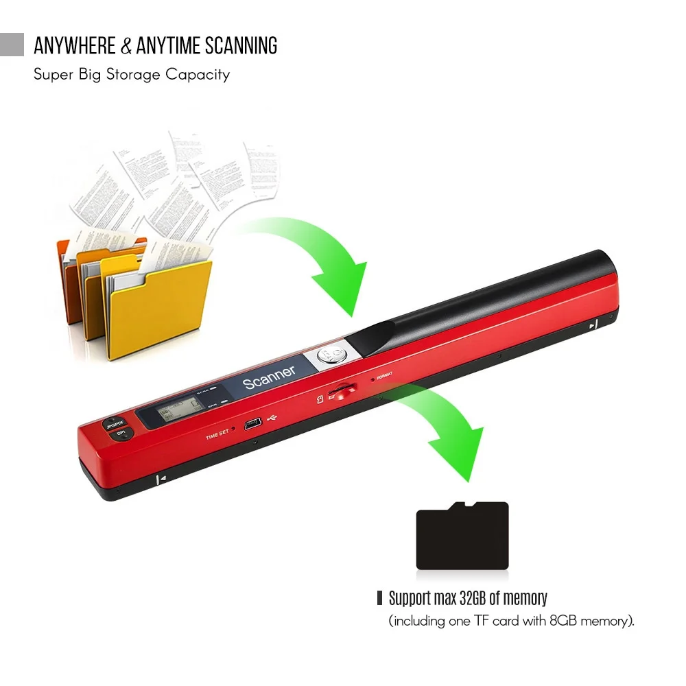 Portable Handheld Wand Wireless Scanner A4 Size 900DPI JPG/PDF Formate LCD Display with Protecting Bag and 8GB TF Card for Business Document Reciepts Books Images