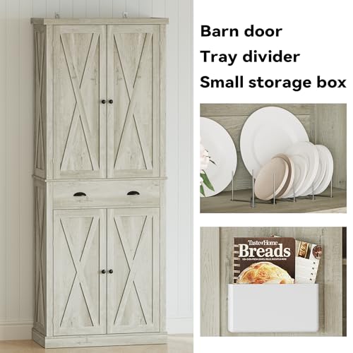 IRONCK Kitchen Pantry Storage Cabinet 72.6" H, with Barn Doors, Drawer, 4 Adjustable Shelves, Freestanding Cupboard for Dining Room Living Room, Laundry, White