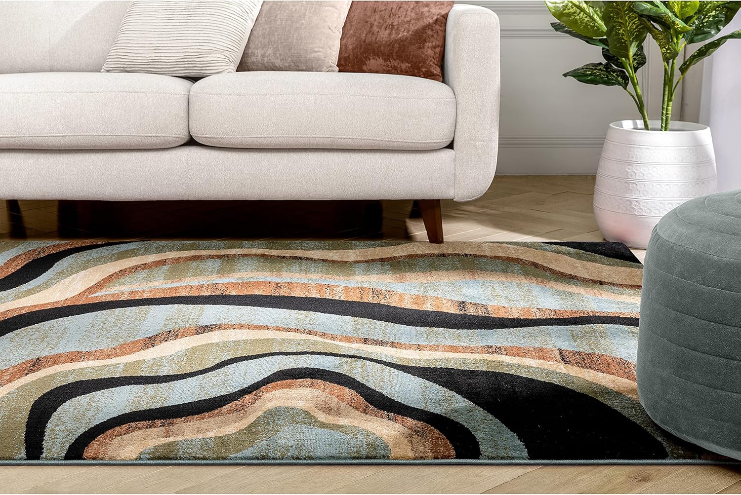 Hudson Waves Blue Brown Geometric Modern Casual Area Rug 8x10 8x11 ( 7'10" x 9'10" ) Easy to Clean Stain Fade Resistant Shed Free Abstract Contemporary Natural Lines Multi Soft Living Dining Room Rug