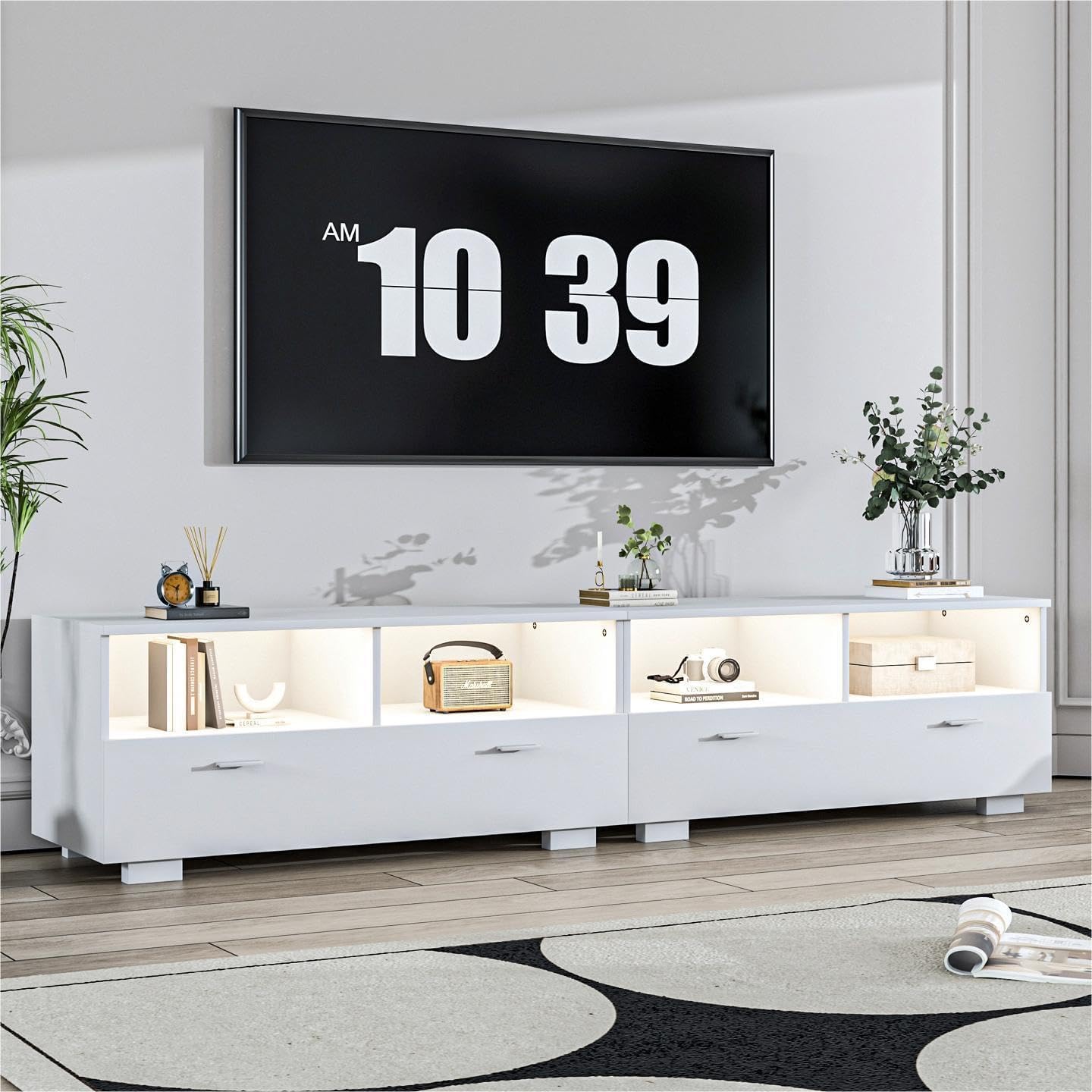 4 EVER WINNER TV Stand for 75+ Inch TV, LED TV Stands for Living Room with Storage Entertainment Center, Modern TV Console Table with Drawers for Bedroom, White