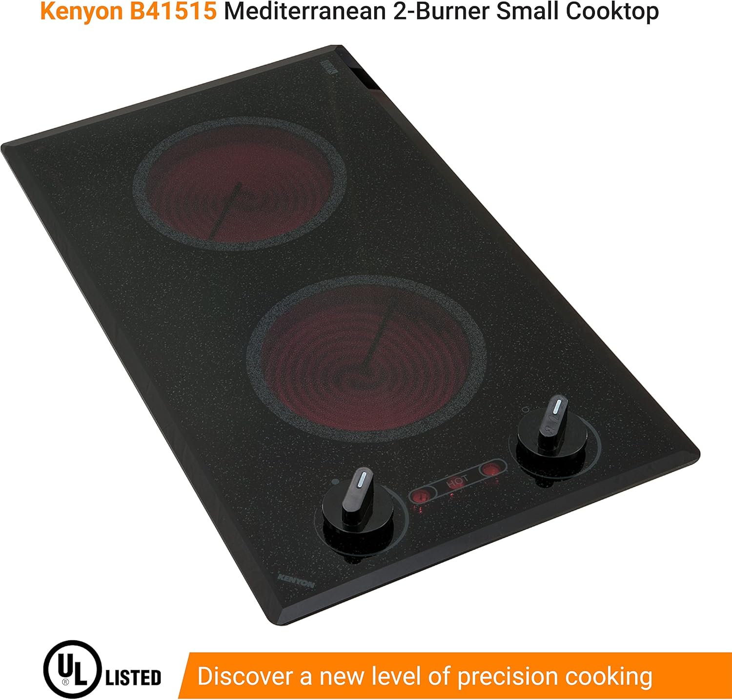 Kenyon Mediterranean 2-Burner Small Cooktop, Electric Cooktop for Energy-Efficient Cooking, Knob Control, Portrait Cooktop, 120-Volt, Black