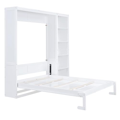 Merax Queen Size Murphy Bed Wall Bed with Storage Shelves, Multifunctional Foldable Platform Bed Frame, Fold into The Wall, Space-Saving Design Bed for Guest-Room, Home, Office, White