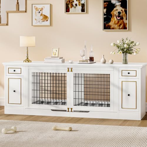 YITAHOME Double Dog Crate Furniture with Tray, 79" Dog Kennel TV Stand with Storage, Wooden Large Dog Kennel for 2 Small/Medium Dogs, White