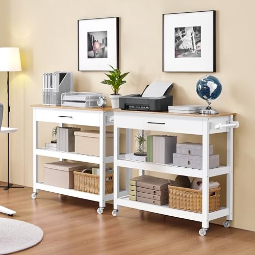 Yaheetech Kitchen Island Cart on Wheels with Bamboo Tabletop, 3-Tier Rolling Kitchen Island Microwave Cart with Drawer, Detachable Towel, 3 Hooks, 17" D x 37.5" W, White