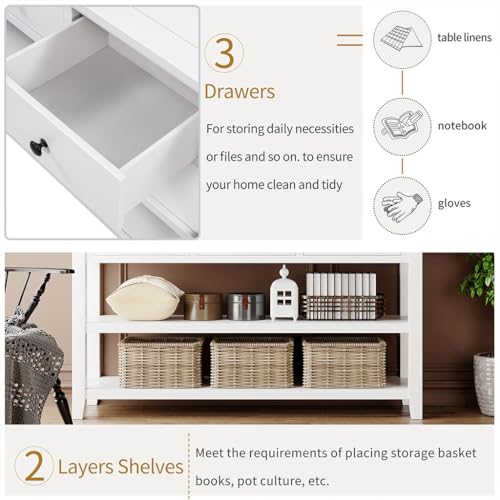 50" Console Hallway Table, Retro Design Entryway Table with 2 Open Shelves and 3 Storage Drawers Solid Wood Sofa Tables Home Furniture for Front Hall, Hallway, Sofa, Couch, Living Room,Beige