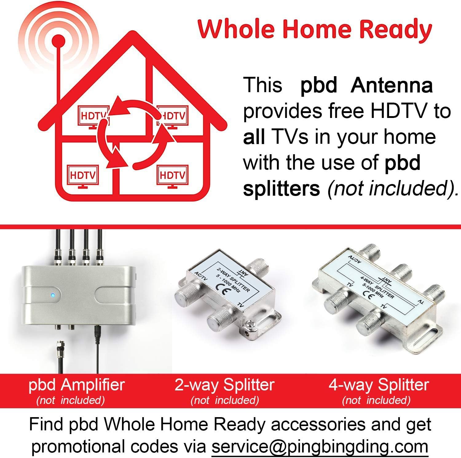 PBD Digital Outdoor TV Antenna, 150 Mile Motorized 360 Degree Rotation Support 2 TVs, Mounting Pole, 50FT RG6 Coax Cable, Wireless Remote Control, UHF/VHF, Snap-On Installation