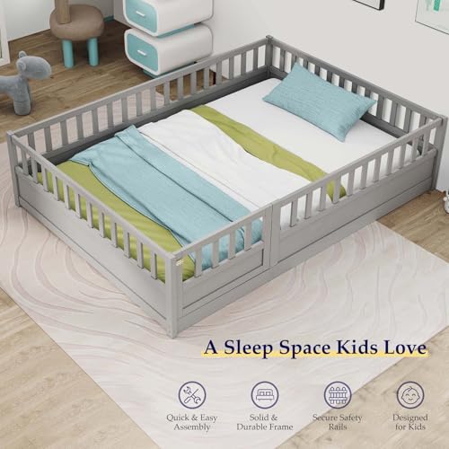 Full Floor Bed with Elevated Safety Guardrails and Door, Montessori Floor Bed for Kids, Wood Kids Floor Beds Frame, Full-White