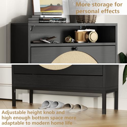 Rattan Shoe Cabinet, Shoe Storage Cabinet with 2 Flip Drawers, Hidden Shoe Storage, Slim Shoe Closet, Sneaker Storage, Shoe Organizer for Entryway, Hallway, Living Room,Black