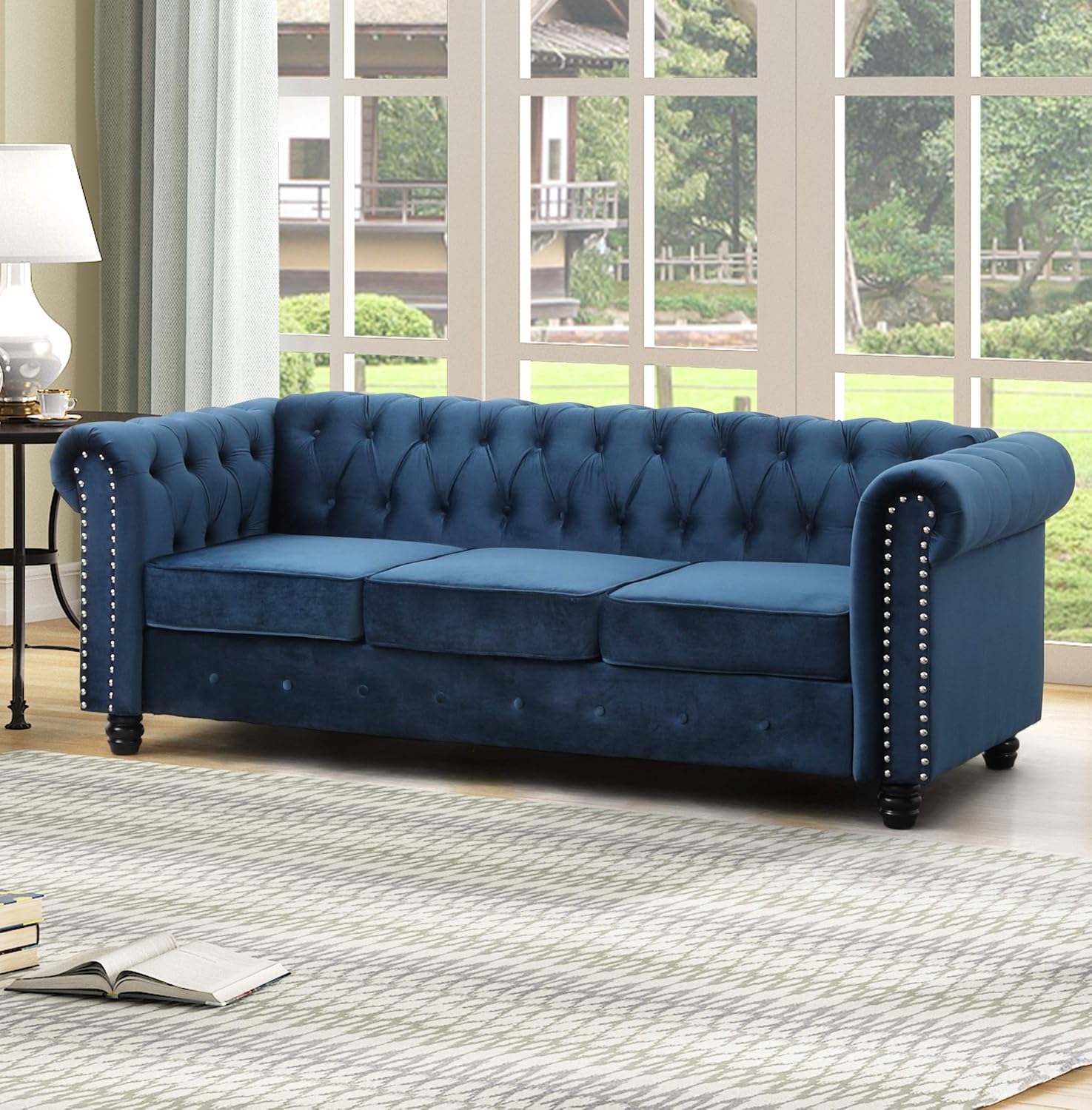 Best Master Furniture Venice Mid-Century Tufted Velvet Living Room Sofa, Navy Blue