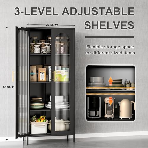 Metal Storage Cabinet, 65” Kitchen Pantry Cabinet with Glass Doors and 3 Adjustable Shelves, Display Curio Cabinet with 2 LED Lights, Black Cabinet for Home Office, Dining Room, Living Room