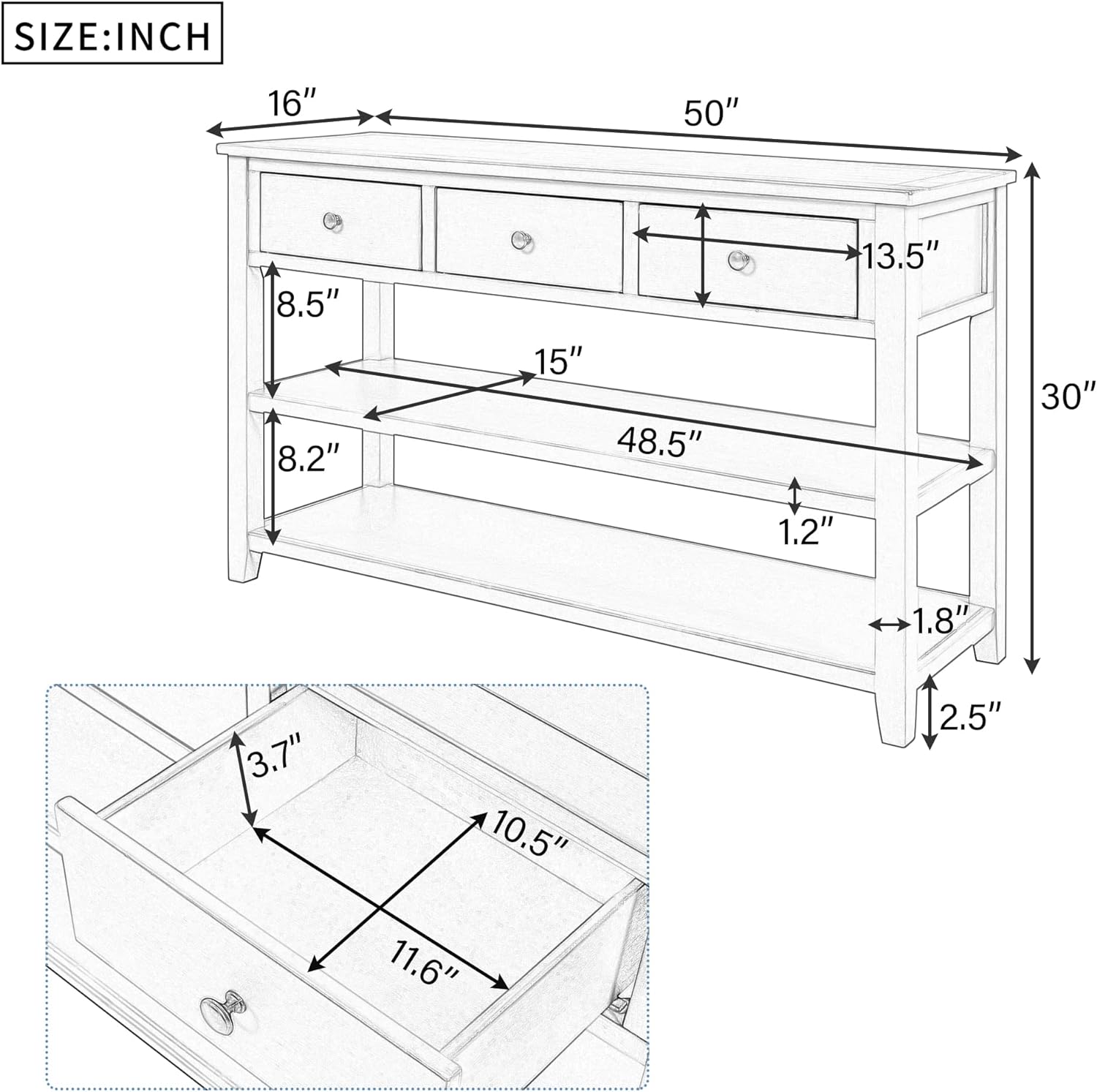 Retro Design Console 2 Open Shelves and 3 Storage Drawers, Sofa Table with Pine Solid Wood Frame and Legs for for Entryway, Hallway, Living Room, Navy