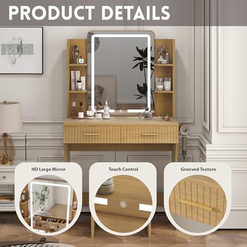 Vanity Desk with LED Lighted Mirror, Makeup Vanity with 3 Adjustable Lights, 2 Large Drawers and 4 Open Shelves, White Vanity with Storage Stool for Bedroom