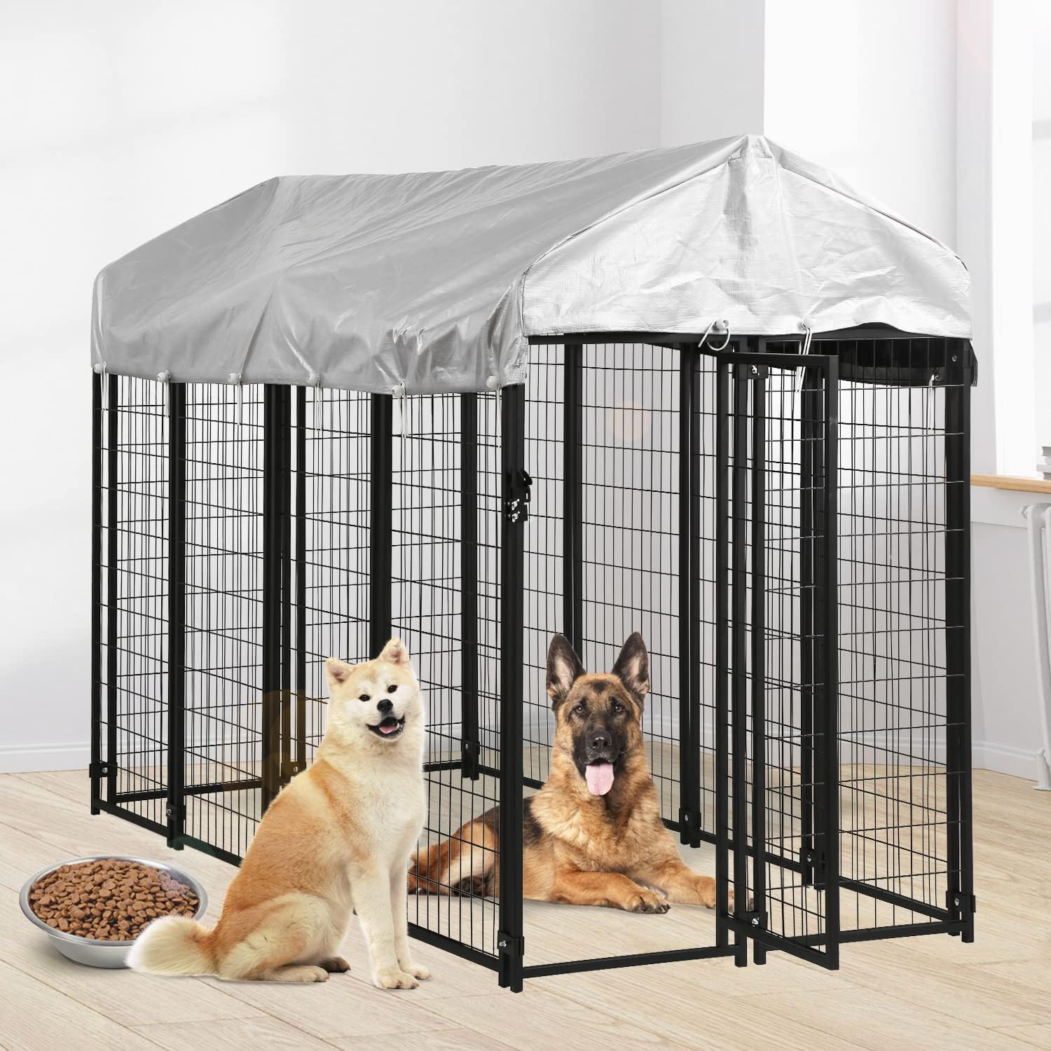Dog Kennel Outdoor for Large Dog Heavy Duty Dog Fence Cage 8 X 4 X 6ft Metal Welded Wire Dog Pen with UV-Resistant Waterproof Roof