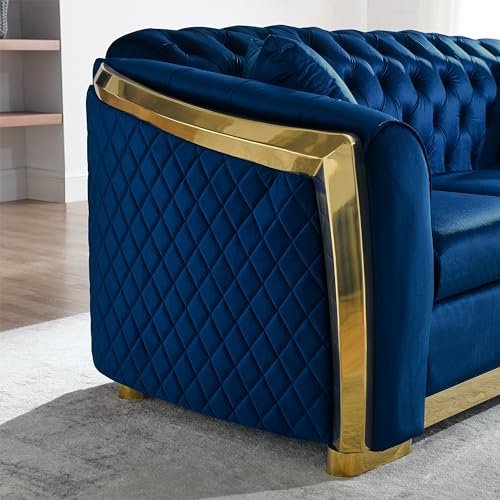 WILLIAMSPACE 81.1" Tufted Velvet Sofa Couch for Living Room, 3 Seater Button Sofa with Stainless Steel Gold Plating Decoration, Comfy Soft Upholstered Couch with 2 Pillows - Blue