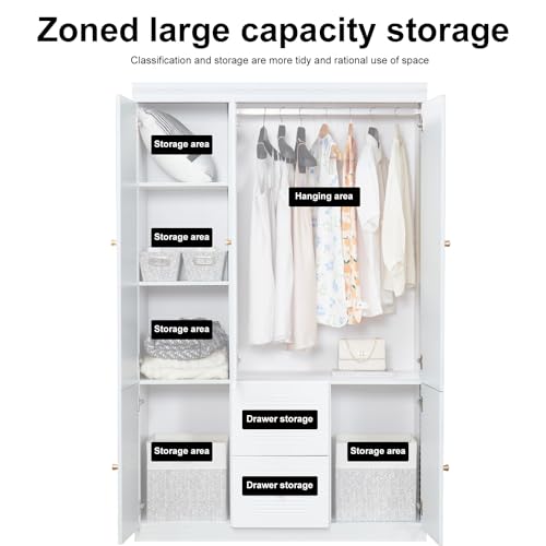 Large Armoire Wardrobe Closet Freestanding 2 Door Drawer Wooden for Bedroom Clothes Organizer Storage Cabinet with Metal Handle Hanging Rod and Shelves White 31.5" L x 19" W x 70.8" H