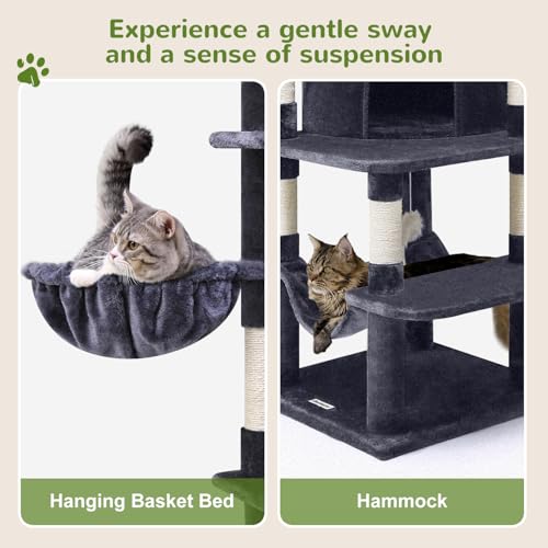 Globlazer Corner Cat Tree for Large Cats, 66inch Tall Curved Series Large Cat Tower for Multiple Indoor Cats with 6 Scratching Posts, 2 Spacious Cat Condos, Hammock, Hanging Basket, C66, Beige