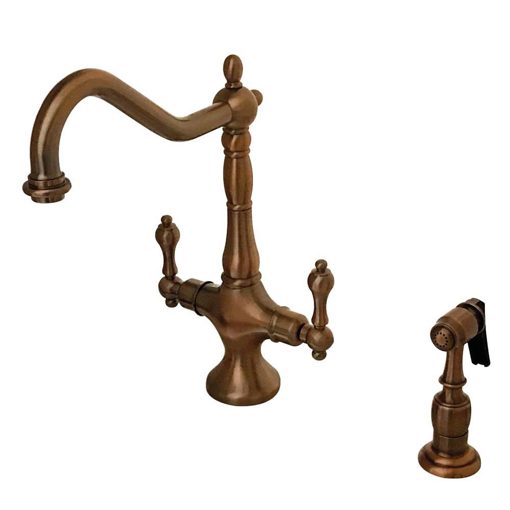 Kingston Brass KS1778ALBS Heritage Satin Nickel Double Handle Kitchen Faucet with Brass Sprayer