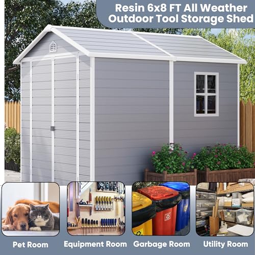 Patiowell 6 x 8 FT Plastic Outdoor Storage Shed with Floor, Resin Shed Perfect to Store Patio Furniture, Garden Tools Bike Accessories, Beach Chairs and Lawn Mower, Grey
