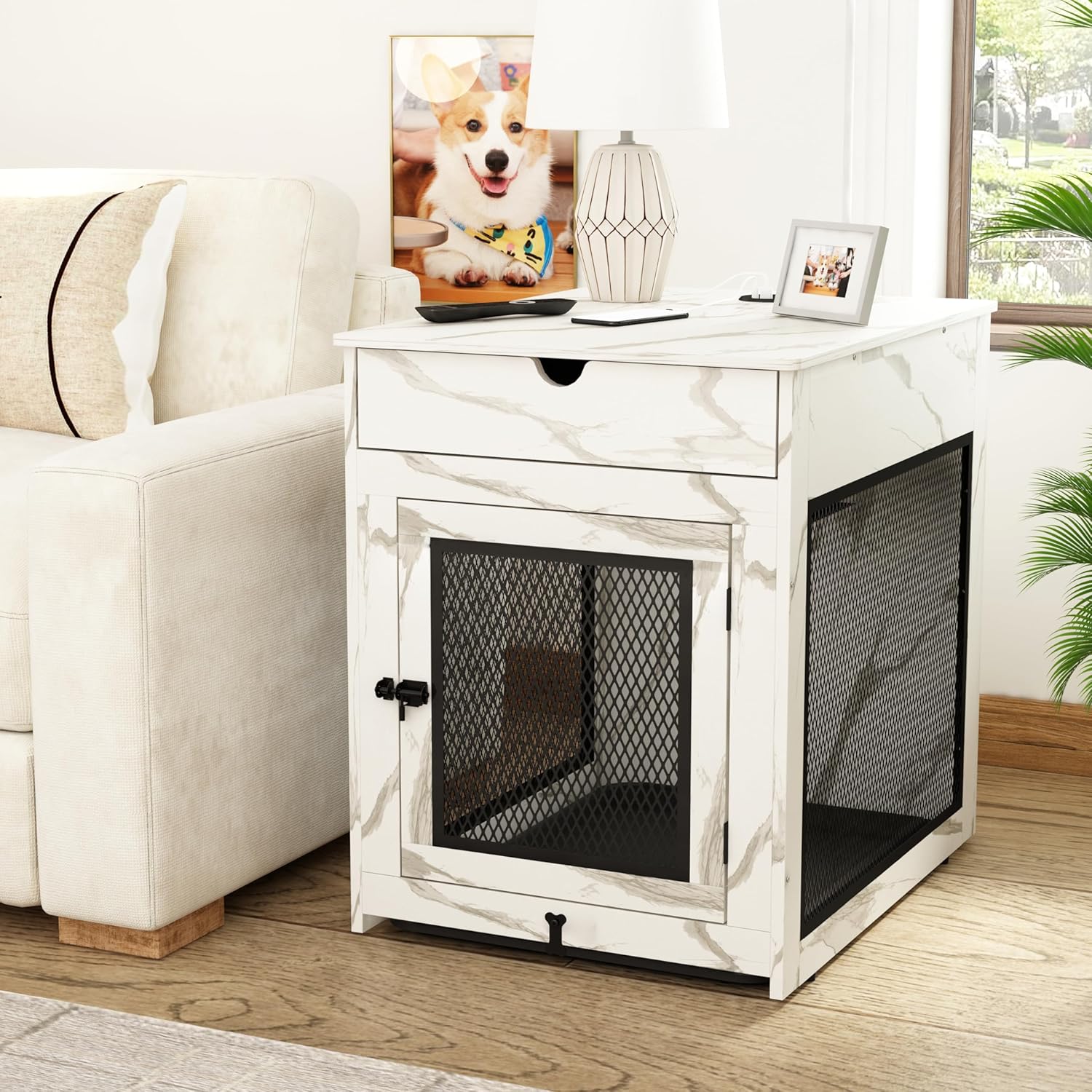 Piskyet Dog Crate Furniture,Wooden Dog Crate End Table with Storage Drawer&Cushion&Tray, QC3.0 Wireless Charging,Dual USB,Medium Dogs Marble White