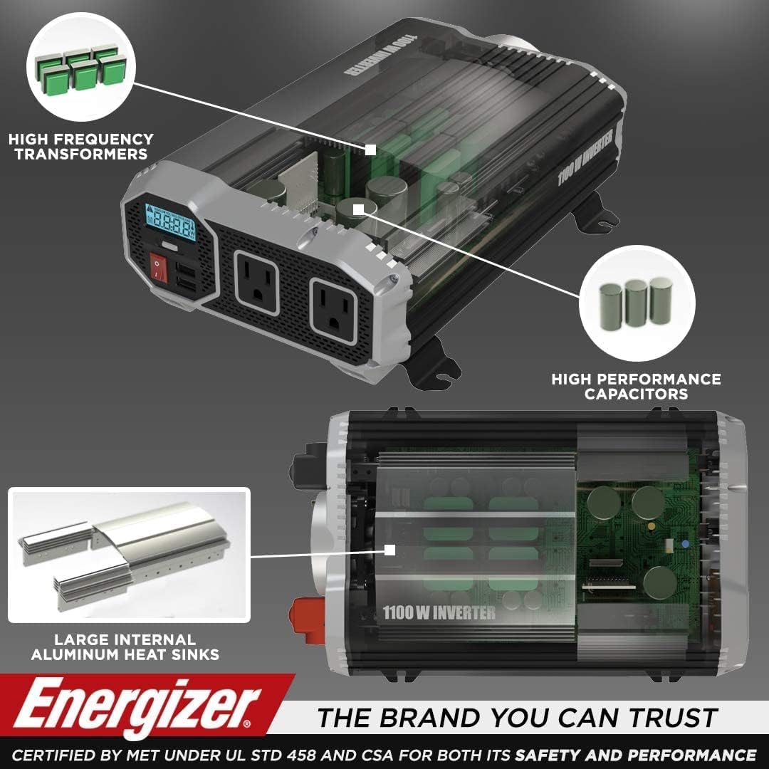 Energizer 4000 Watts Power Inverter Modified Sine Wave Car Inverter, 12V to 110 Volts, Two AC Outlets, Two USB Ports (2.4 Amp), Hardwire Kit, Battery Cables Included – ETL Approved Under UL STD 458