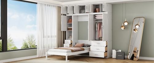 Harper & Bright Designs Twin Size Murphy Bed Frame for Boys Girls Kids Adults Toddler with Lockers and Wardrobes, with installation video, White