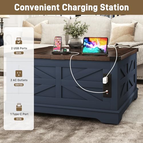 36" Farmhouse Movable Lift Top Coffee Table with Storage and Power Outlets, Square Wood Living Room Tables with Wheels&Large Hidden Space, Lift Wooden Barn Door Center Table, White