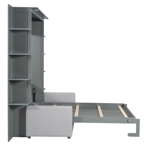 Polibi Queen Size Murphy Bed - Multi-Functional Wall Bed with Sofa Cushion, Folds into Cabinet, Ideal for Guest Room/Home Office/Gym, Gray
