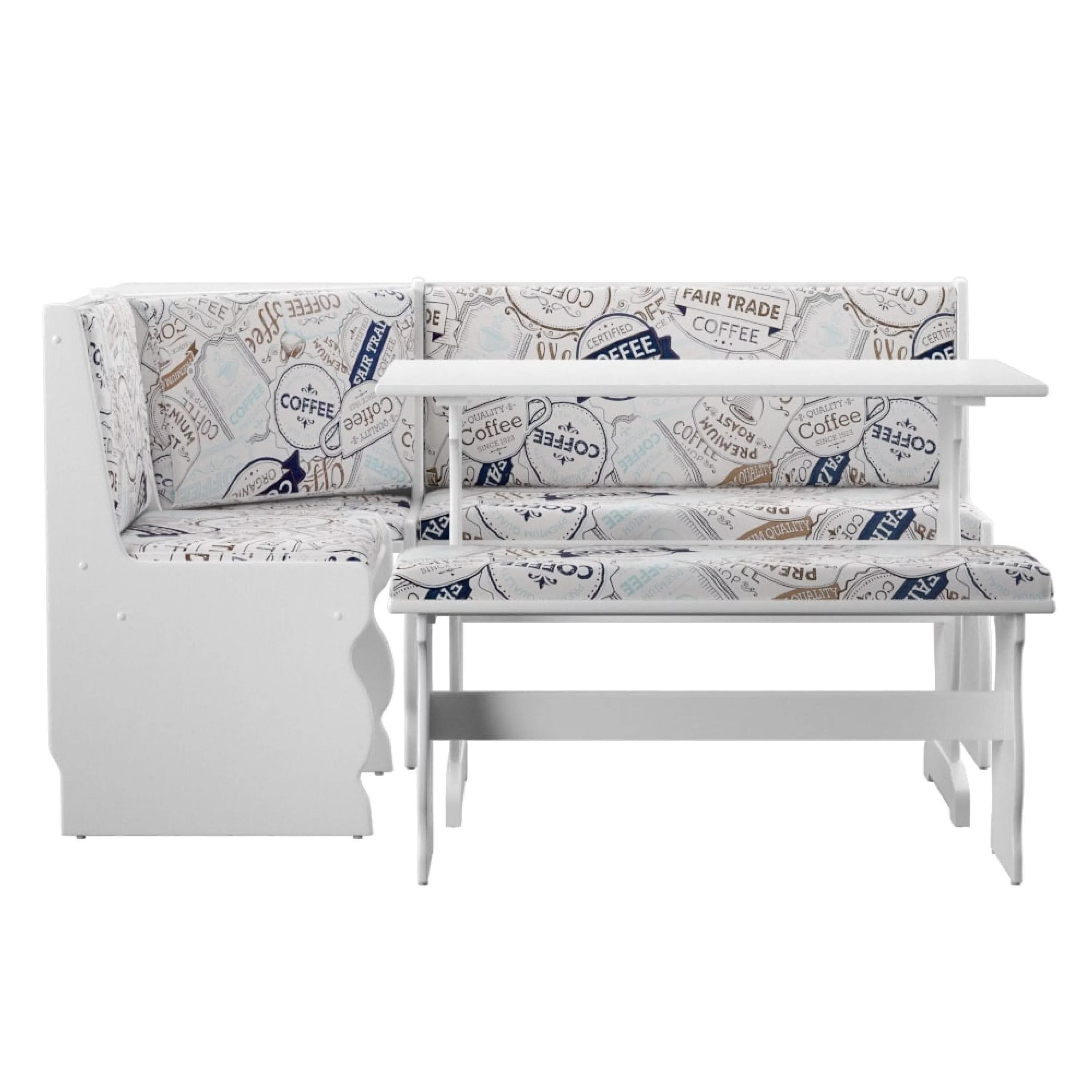 Linon Sasha Casual Dining Breakfast Nook with Corner Unit, Table, and Bench, 29.4" Table Height, Seats 5, White Finish with Coffee Patterned Fabric