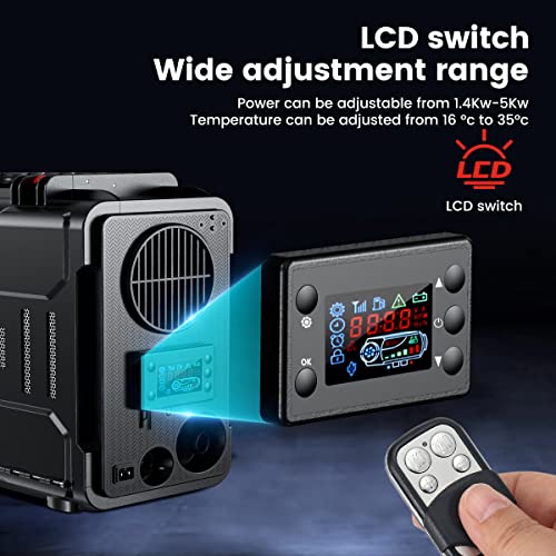 HCALORY 12V Portable Diesel Air Heater, 5KW All-in-One Diesel Parking Heater, Parking Bunk Heater with Bluetooth APP Control and LCD Monitor for Car Trucks Boat Bus RV Motor-Homes and camper