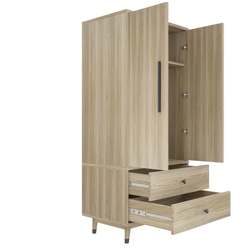 4 Door Armoire Wardrobe Closet Cabinet with 2 Drawers, Wood Bedroom Wardrobe Cabinet with Adjustable Shelves and Hanging Rod, Large Capacity Storage Wardrobe Armoire for Bedroom (Oak 3)