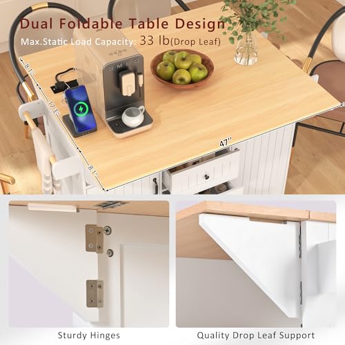 Large Kitchen Island Cart with 2 Drop Leaf, Mobile Dining Table with Storage Cabinet, Rolling Kitchen Cart with Power Outlets, 3 Drawers, Spice & Towel Rack