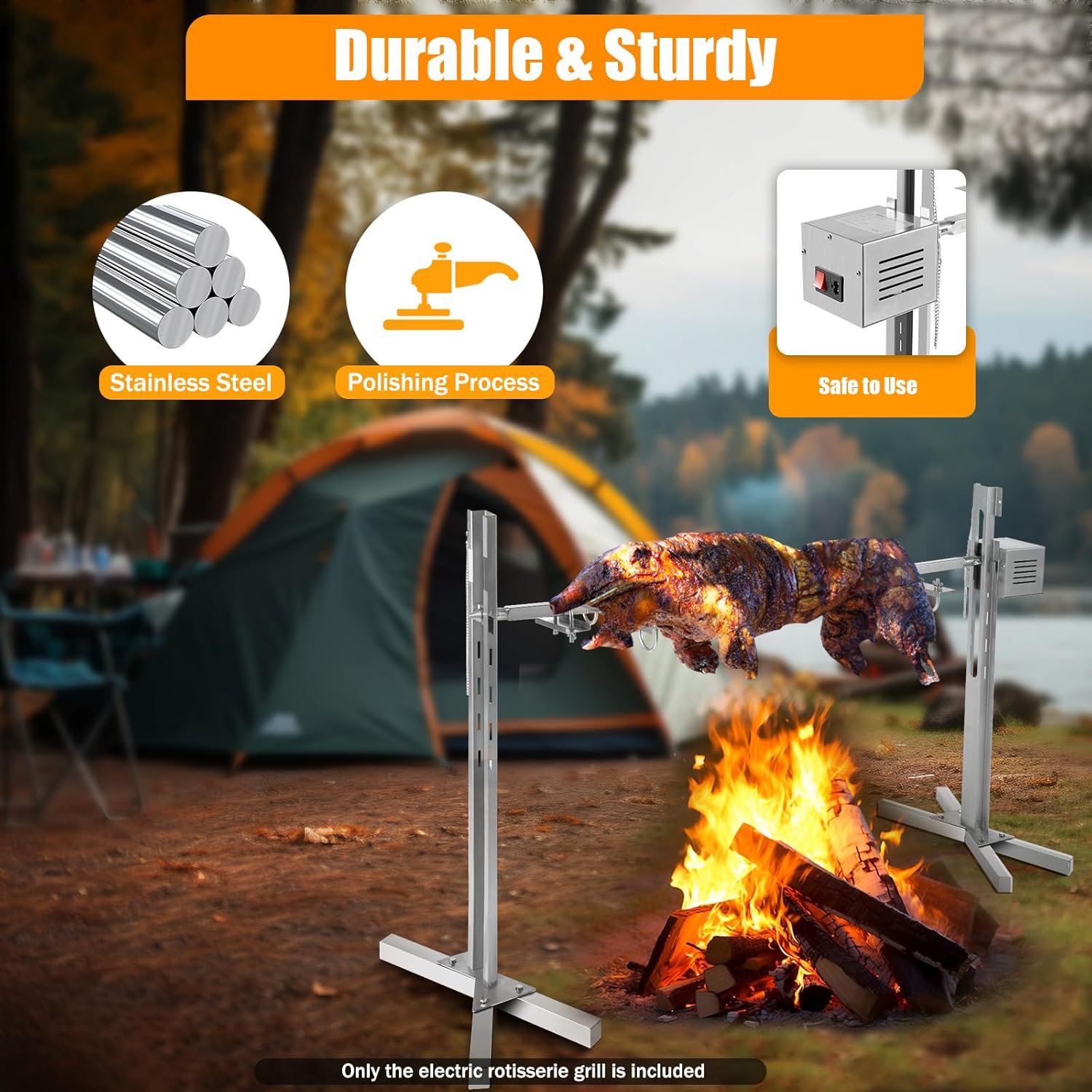 TUQI 53" Electric Rotisserie Grill 88 Lbs Capacity, Pig Lamb Spit Roaster Stand Rotisserie with Adjustable Height, BBQ Charcoal Rotisserie Grill Kit Stainless Steel for Outdoor Party Camping