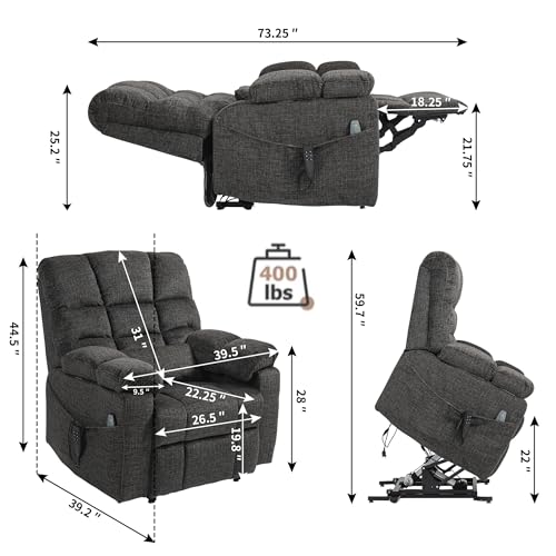 Light Grey Recliner Chair for Elderly | Tall and Big Man 400lbs | Chenille | Power Lift, Lay Flat, Stand Up, Wireless Charging Device, Extended Footrest, Massage Heat, Cup Holder, Lumbar Pillow