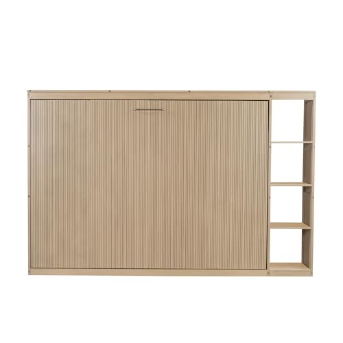 Full Size Horizontal Murphy Bed with Shelves, Full Murphy Bed with Side Bookcase, can be Folded into a Cabinet, Hideaway Wall Bed Space-Saving for Guest Room Bedroom Office, Natural