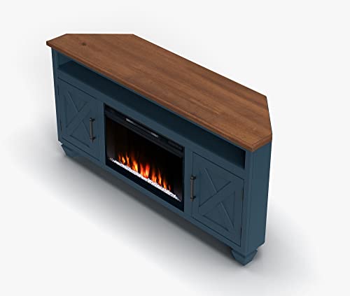 Realcozy Liberty Farmhouse Corner TV Stand Entertainment Center with Fireplace, 64 inches, Accommodates TVs up to 70 inches, Fully Assembled, Knotty Alder Solid Wood, Barnwood Finish