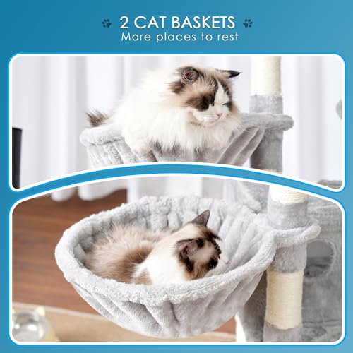 Hey-brother Cat Tree, 74 inches Multi-Level XL Large Cat Tower for Indoor Cats with Three Cat Condos, Two Large Top Decks and Cat Hairbrushfor Kittens, Cats and Pets, Light Gray MPJ035-MW