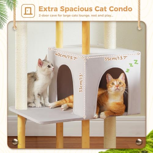 PAWZ Road Large Cat Tree, 73 Inches Tall Wooden Cat Tower with 2 Spacious Hammocks,2 Big Top Beds,8 Fully Scratching Posts and Natural Wood Posts, Multi Cat Tree for Indoor Cats Large Adult-XL