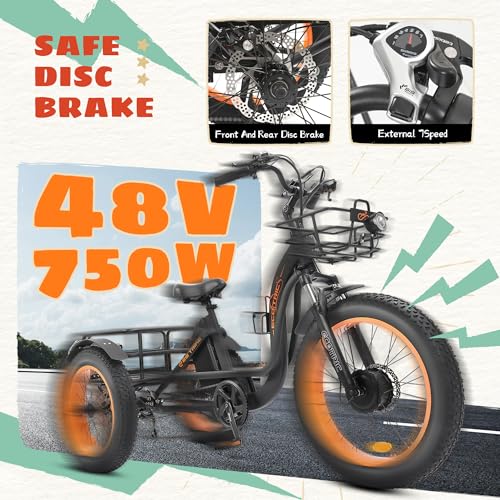 ECOTRIC Electric Tricycle for Adults,Fat Tire 750W 48V 22.4AH Removable Battery, 7 Speeds Adult 3 Wheel Electric Trike with Basket
