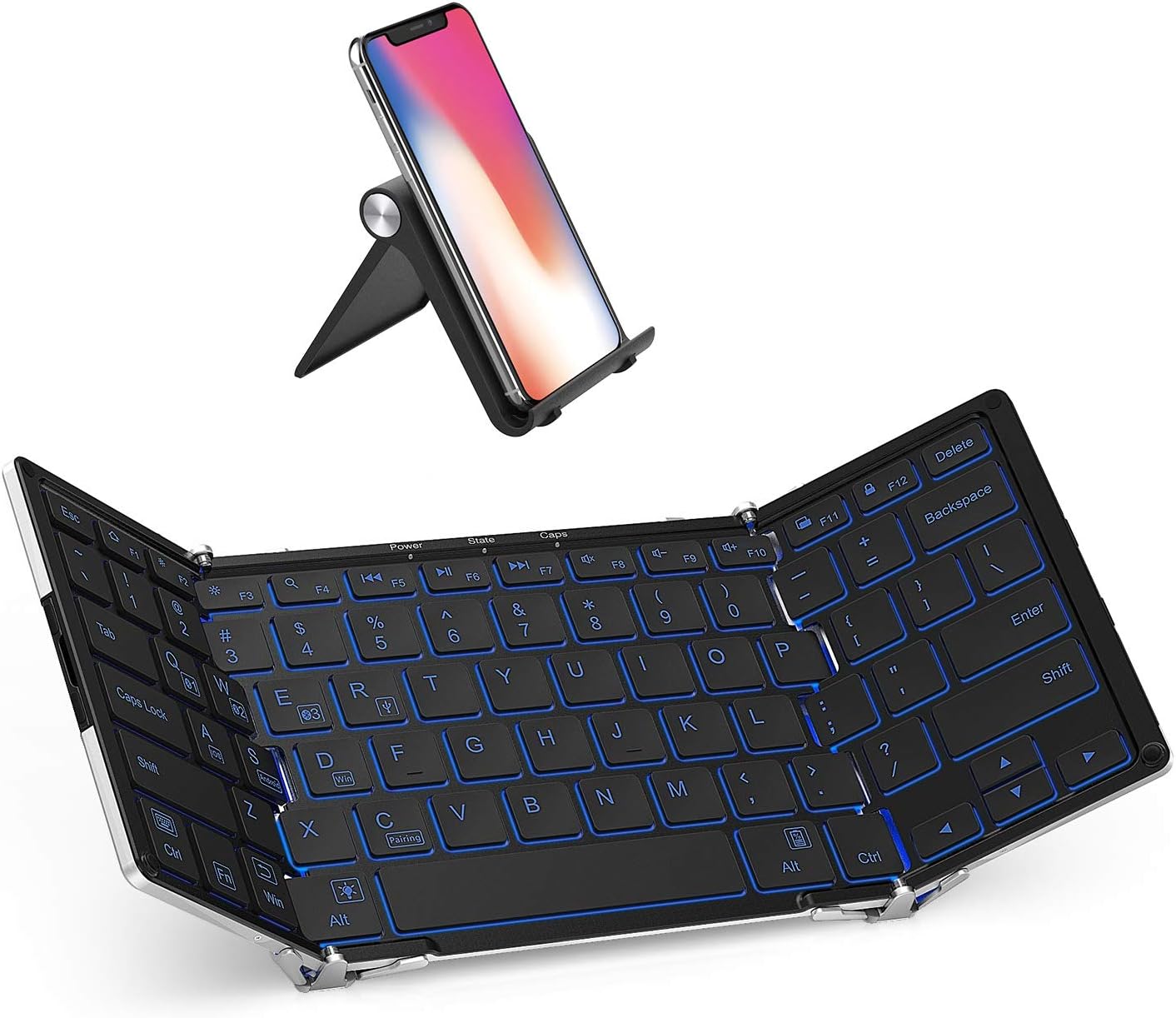 iClever BK05 Bluetooth Keyboard with 3-Color Backlight, Bluetooth 5.1 Multi-Device Foldable Keyboard with Aluminum Alloy Base for iOS Windows Android Tablets, Smartphones, Laptops, PC and More Pack of 2