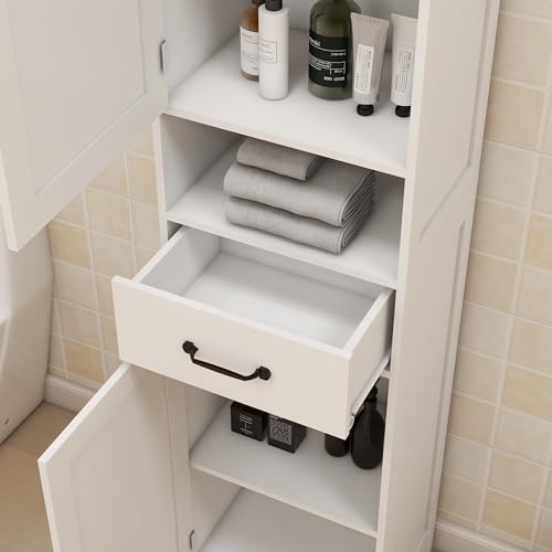 Double Door Narrow Height Slim Floor Standing Cabinet,Tall Bathroom Storage Cabinet with Open Shelves and one Drawer, Freestanding Cabinet,Bathroom Storage for Home, Kitchen, Living Room