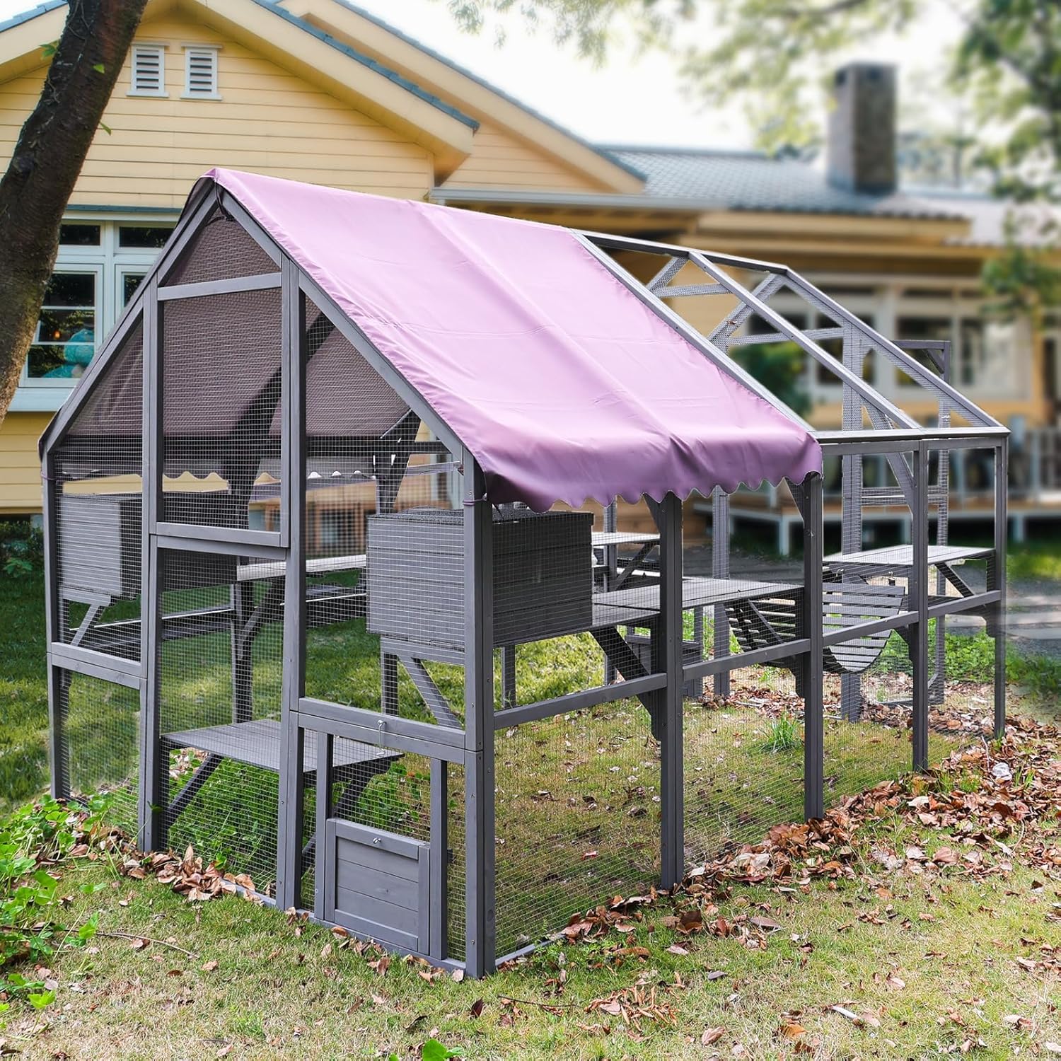 Large Catio Outdoor Cat Enclosure with Large Enter Door and Waterproof,Bridges,Small Houses,Roof Coverd,Cat House 110 Inch for Multiple Cats