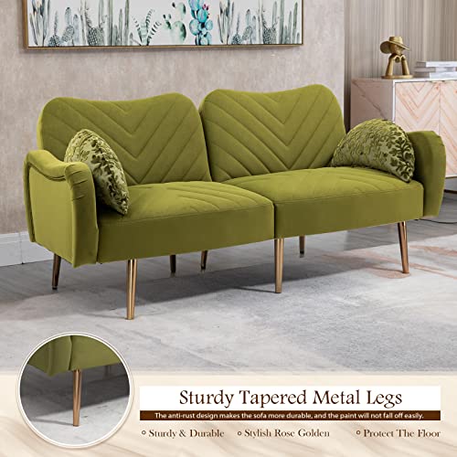 Modern Velvet Futon Sofa Bed, Convertible Loveseat with 2 Crescent-shaped Pillows, Small Sleeper Sofa with 3 Adjustable Positions, Upholstered Living Room Couch with 7 Metal Tapered Legs, Beige