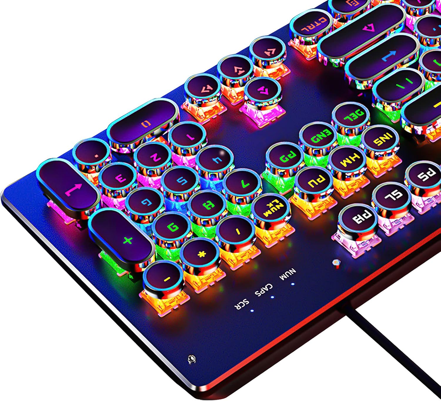 Basaltech Mechanical Light Up Keyboard with LED Backlit, Typewriter Style Gaming Keyboard with 104-Key Blue Switch Round Keycaps, Retro Steampunk Keyboard Metal Panel with Wired USB for PC/Mac/Laptop