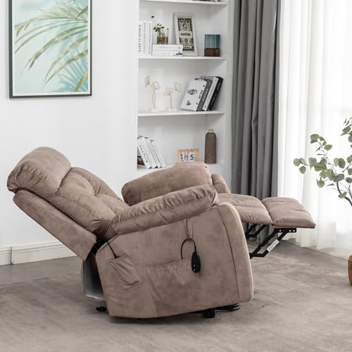 Oversized Power Lift Chair for Elderly, 26-inch Wide Seat with Heat & Massage, Hidden Cup Holder - Big Man Recliner 350 lbs (Brown)
