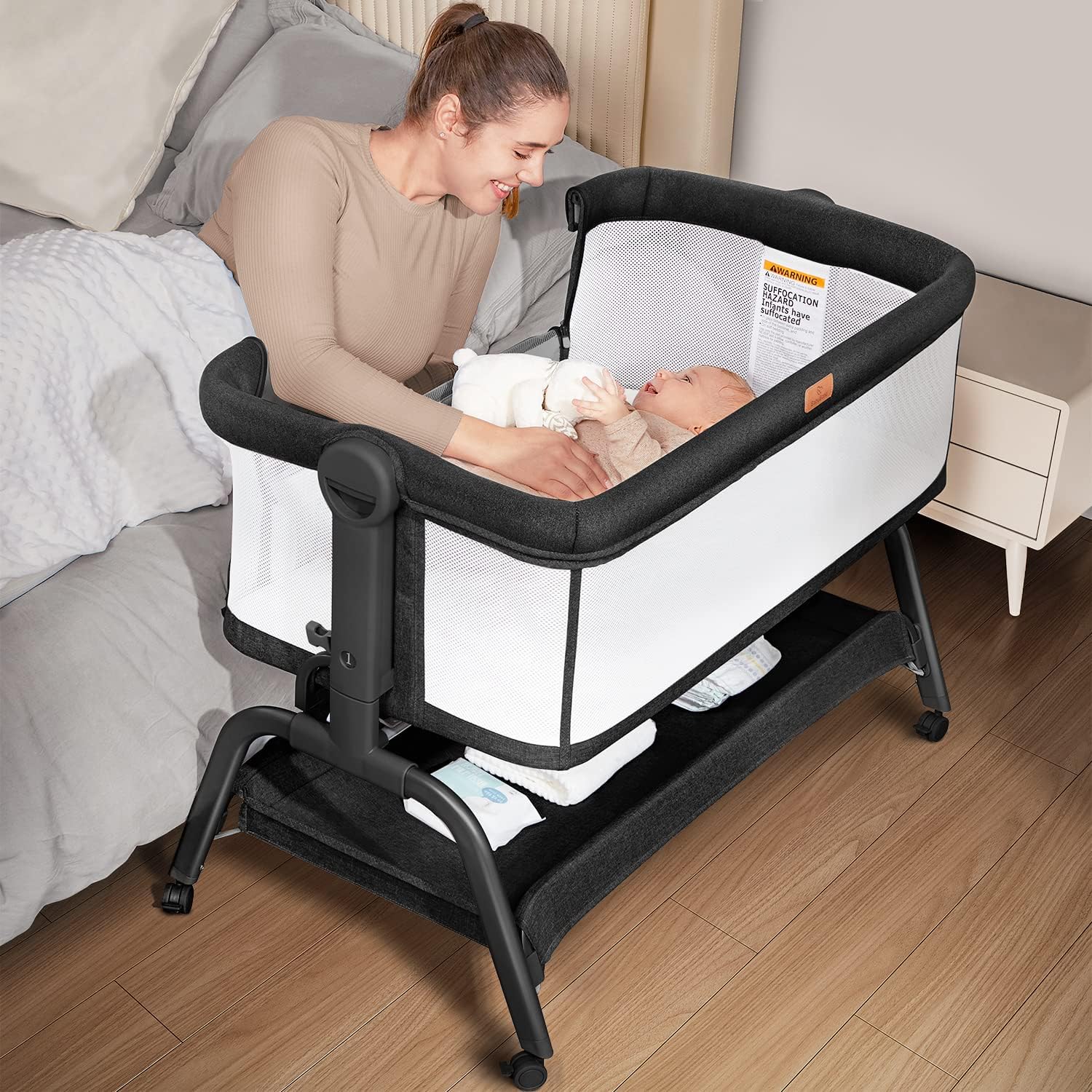 Baby Bassinet Bedside Crib, 3 in 1 Bassinet Bedside Sleeper with Soft Mattress and Breathable Sheet, 6 Height Adjustable Easy Folding Portable Bedside Bassinet for Newborn Infant