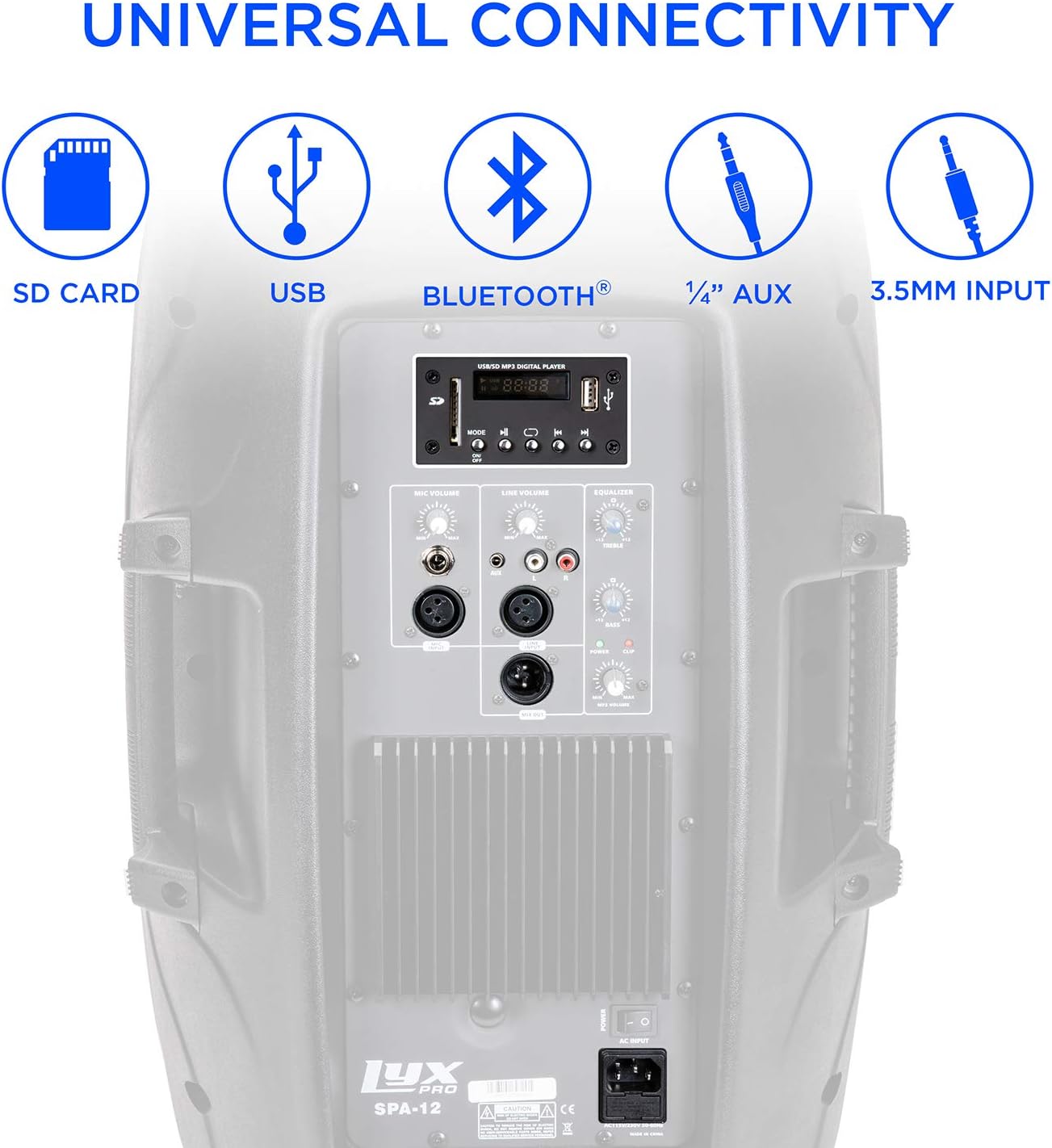 LyxPro 15 Inch PA Active Speaker System Compact and Portable with Equalizer, Bluetooth, MP3, USB, SD Card Slot, XLR, 1/4��, 3.5mm Input, Carry Handles, SPA-15