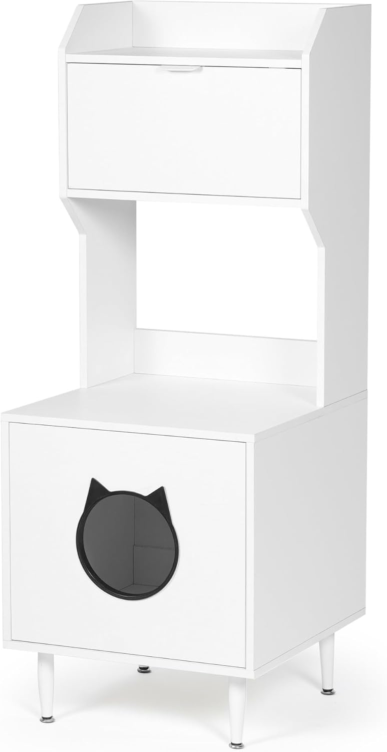 Litter Box Enclosure with Storage Shelves and Cabinet, White Wooden Hidden Cat Litter Box Furniture Industrial Indoor Cat House Washroom Pet Crate,Anti Tipping Design,Suitable for All Cats