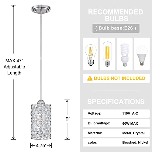 3 Pack 1 Light Hanging Kitchen Island Crystal Pendant Lighting Modern Concise Pendant Light Fixture Brushed Nickel Finish with Crystal Plate Metal Shade for Bar, Dining Room, Corridor,Living Room